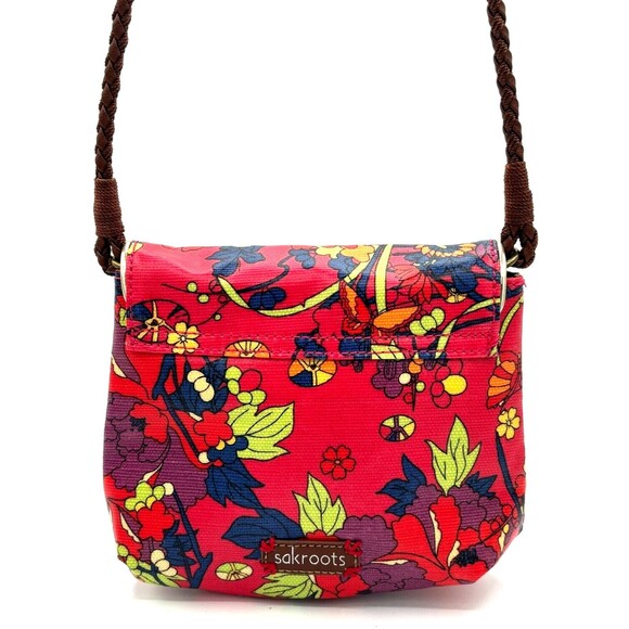 Sakroots Crossbody‎ Saddle Bag Purse Red Multi Color Floral Magnetic Clasp Fold - Picture 2 of 16